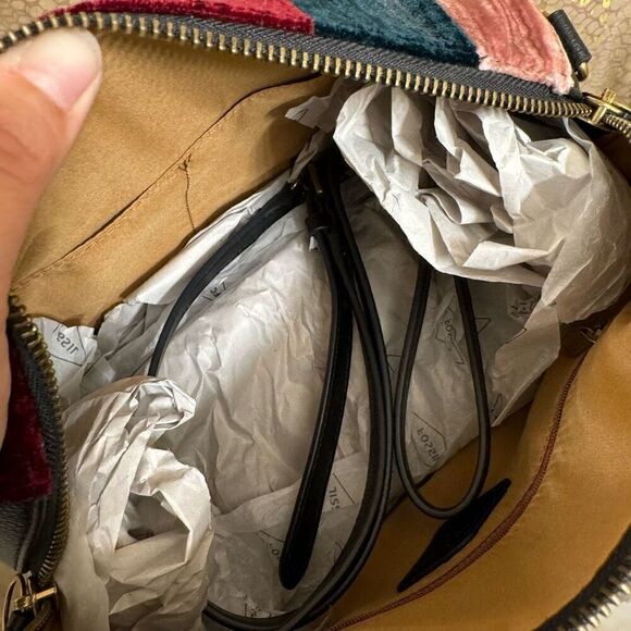 Fossil Sydney Satchel Velvet Patchwork Green Red Pink & Wallet NWT - Picture 6 of 12